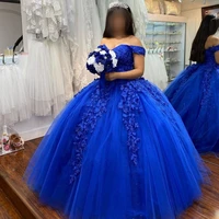royal blue vestidos de 15 a%c3%b1os 2021 puffy quinceanera dress sweet 16 dress off the shoulder long prom gown tulle lace