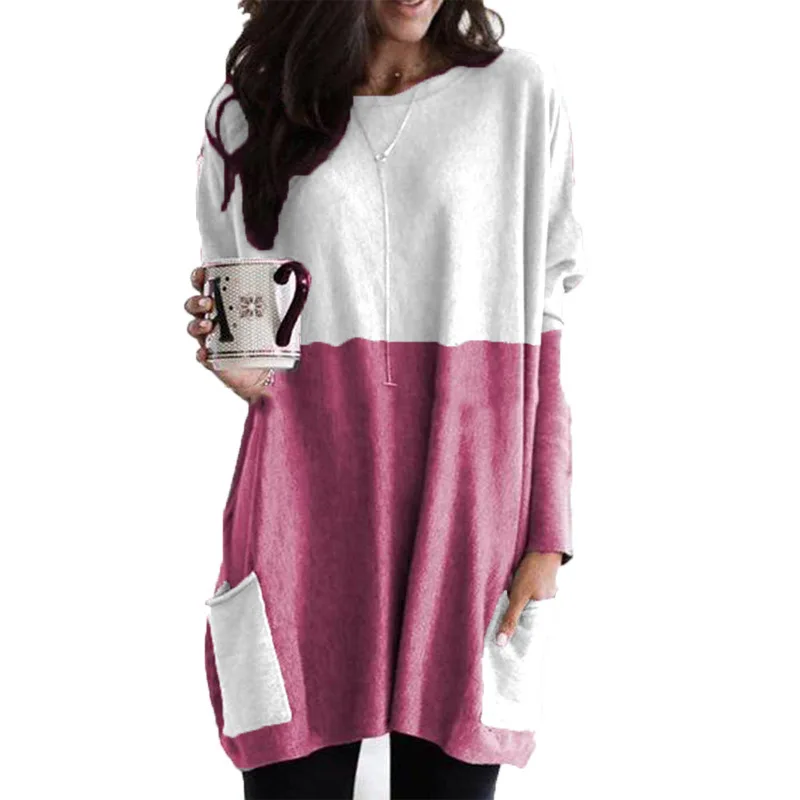 

2021 summer new round neck long sleeve stitching casual pocket T-shirt