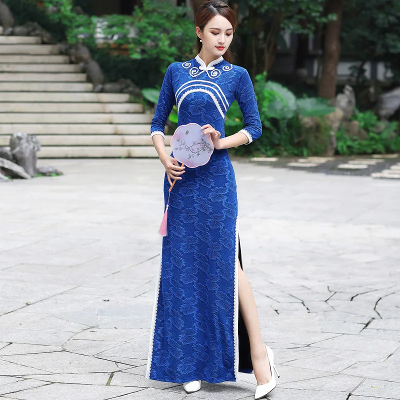 

2021 New Retro Cheongsam For Women Adult Stage Performance Dress Oriental Classical Dance Clothes Belly Dance Clothing