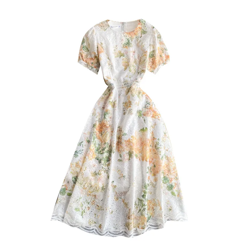 

2021 New Summer Vestidos Ladies Round Neck Temperament Elegant Printing Hollow Embroidery Midi Dress DK374