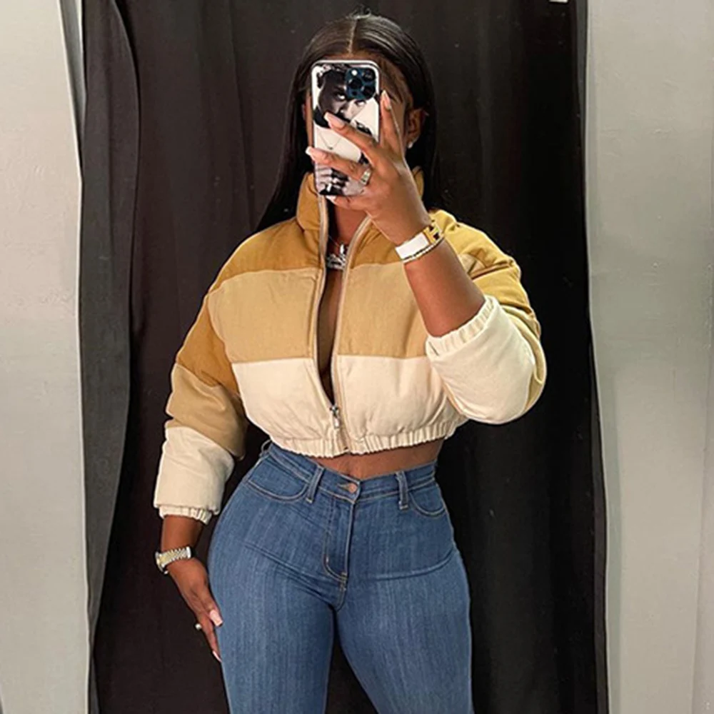 

Women's New Cotton-padded Jacket Casual Fashion Commuter Simple Style Long-sleeved Contrast Stitching Short Thick Warm Top