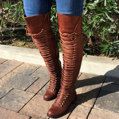 

knee, solid autumn and over New style boots winter: solid color lace up boots