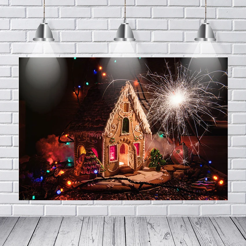 Рождественский фон Имбирная кабина имбирный хлеб Рождественская елка огни и