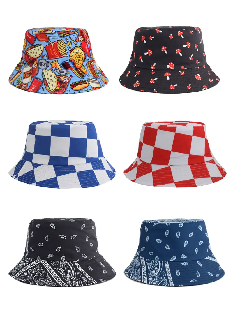 

Summer Fisherman Women's Bucket Hat Men Reversible Hats For Women Cap Printed Bob Panama Female Hip Hop Sun Men's Bucket Cap Hat