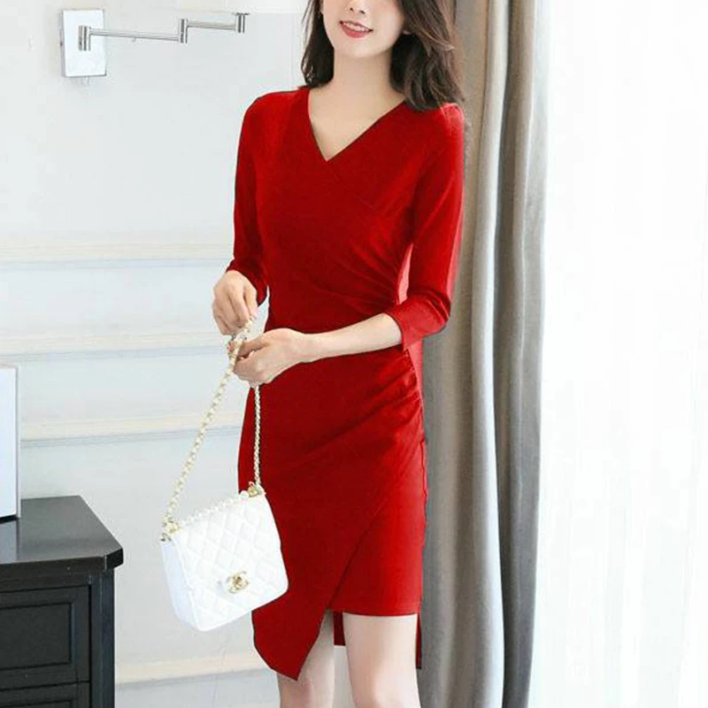 

Женское весенне-осеннее стильное платье, женское однотонное повседневное облегающее платье с V-образным вырезом и рукавом три четверти SS3780