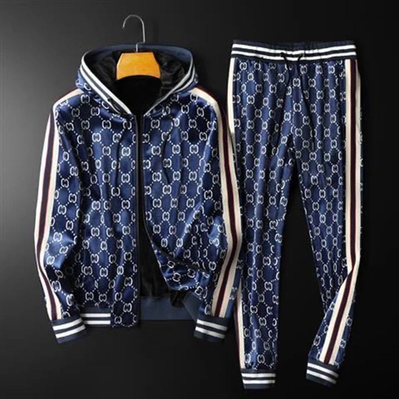 

new European and American new winter luxury casual suit thick double-sided fleece hooded men's sports two-piece suit