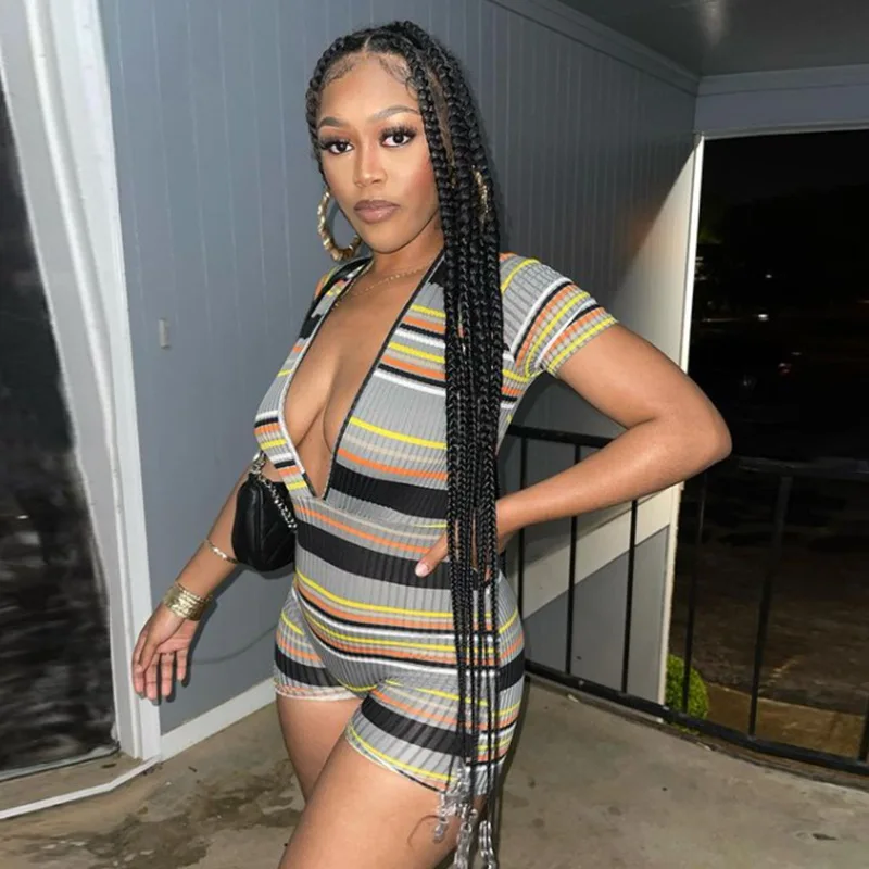 

2021 European and American yoga suit women's summer new color stripe printing slim deep V-neck sexy sports jumpsuit drop shiping