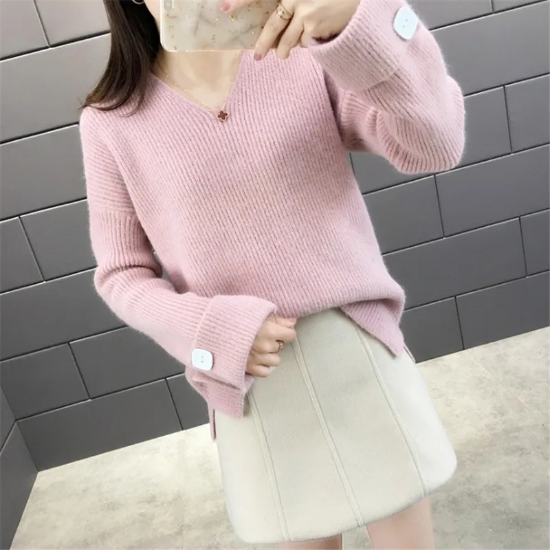

Women's knitted sweater, V-neck, big sleeve, loose, lazy button, simple decoration, fashion, women's sweater, autumn
