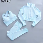 Бесшовный Женский комплект для йоги GYARU, спортивная одежда для тренировок, одежда для тренажерного зала, укороченный топ с длинным рукавом, леггинсы с высокой талией, спортивные костюмы