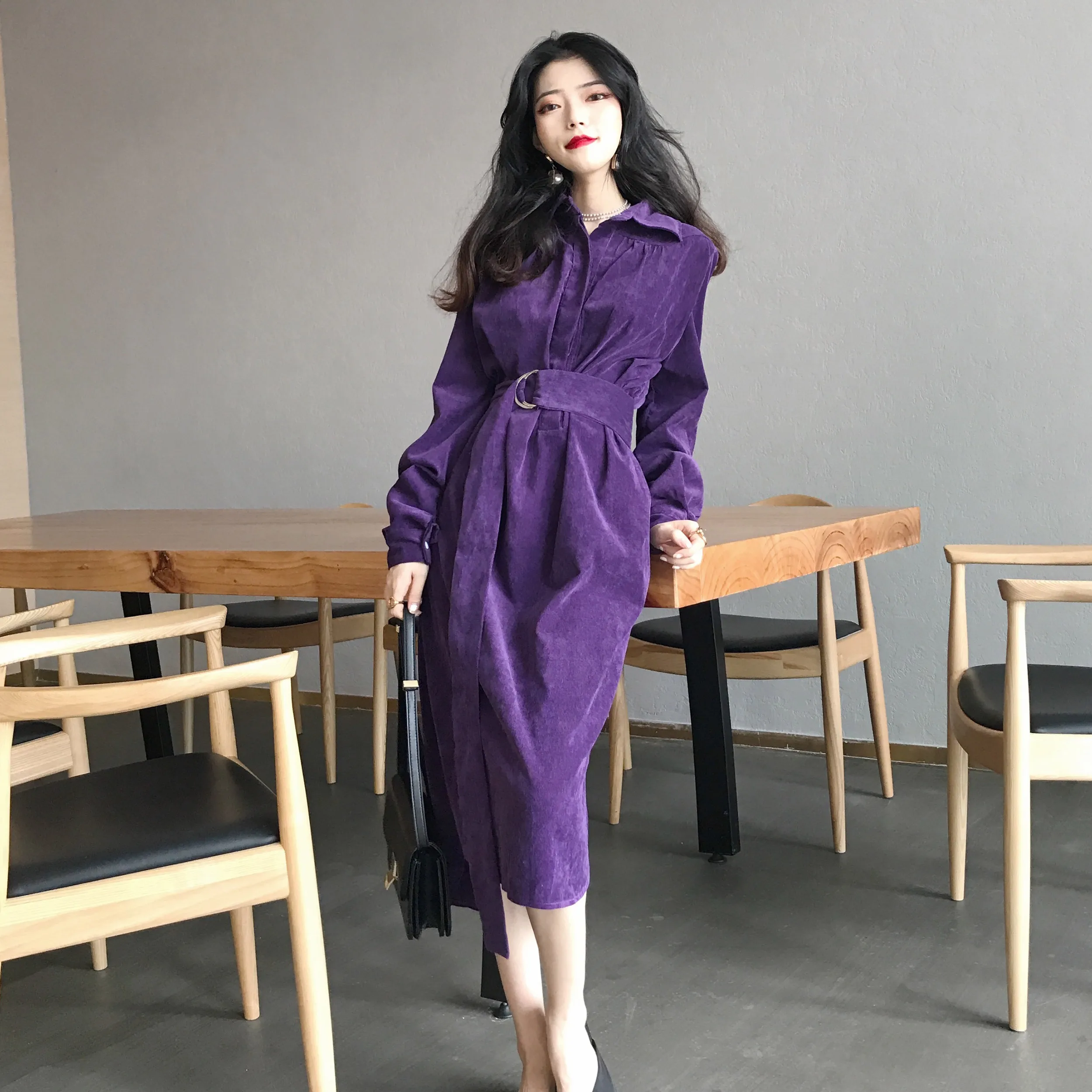 

Autumn and winter women's new long-sleeved dress autumn retro slim slimming corduroy mid-length skirt