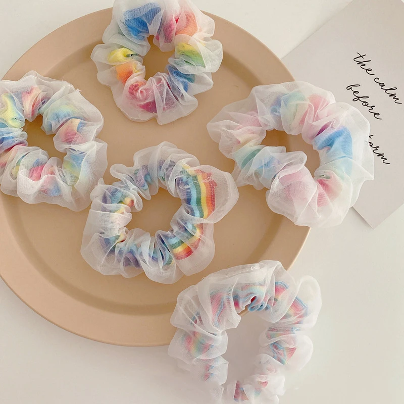 

1PCS NEW Scrunchies Rainbow Gum Hair Tie For Women Girls Printed Floral Elastic Hair bands Lace Ponytail Hold Hair Accessories