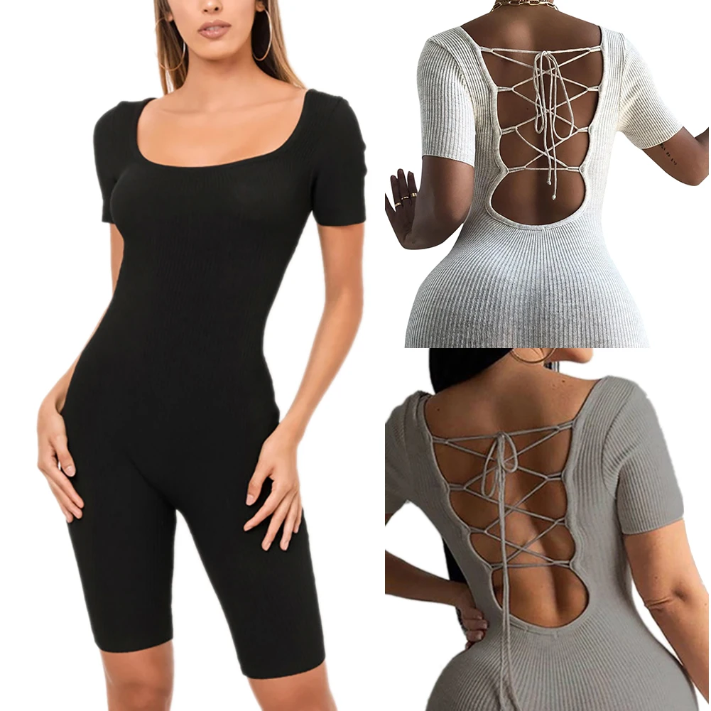 

Ladies Solid Color Jumpsuit Summer Women Short Sleeve Sexy Body Shaping Back Lace Up Siamese Trousers Yoga One-piece Pants