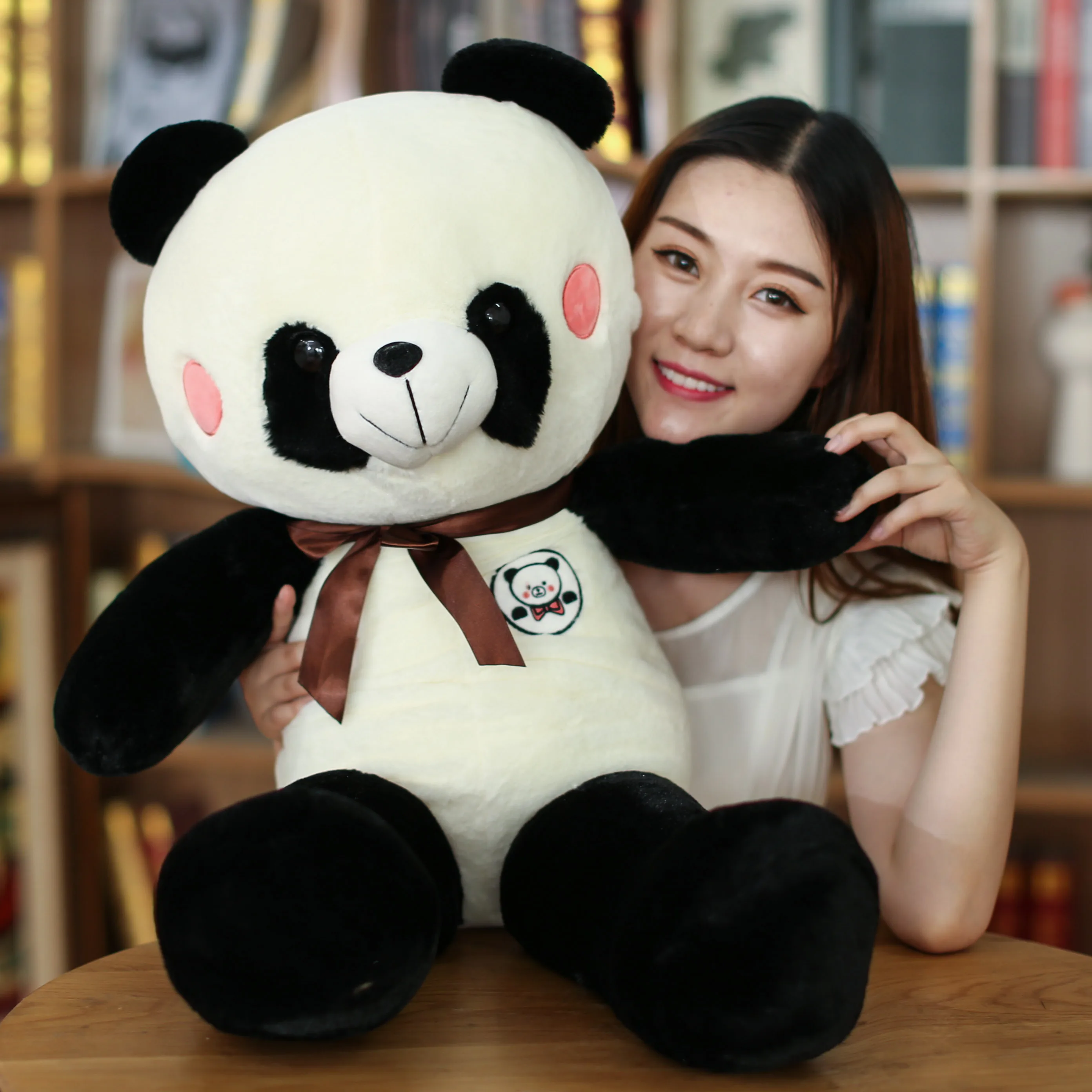 

Candice guo cute plush toy lovely cartoon animal shy bowknot panda soft doll long body cushion birthday Christmas gift 1pc