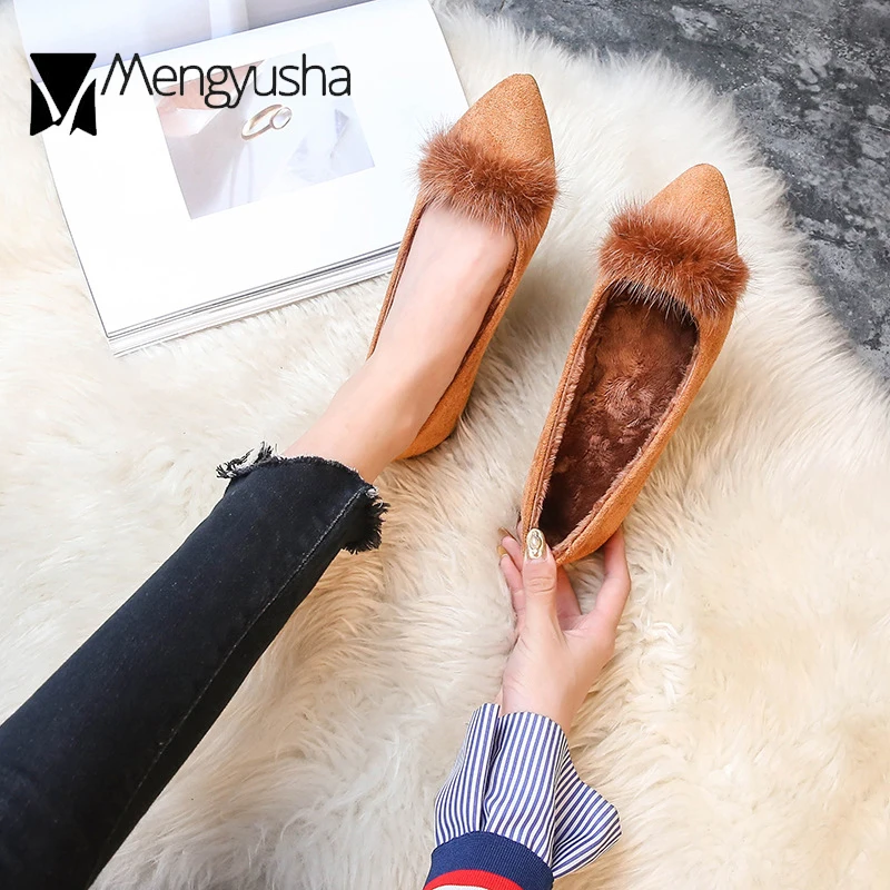 Стелька обувь с роскошным мехом женская из норкового меха на плоской подошве