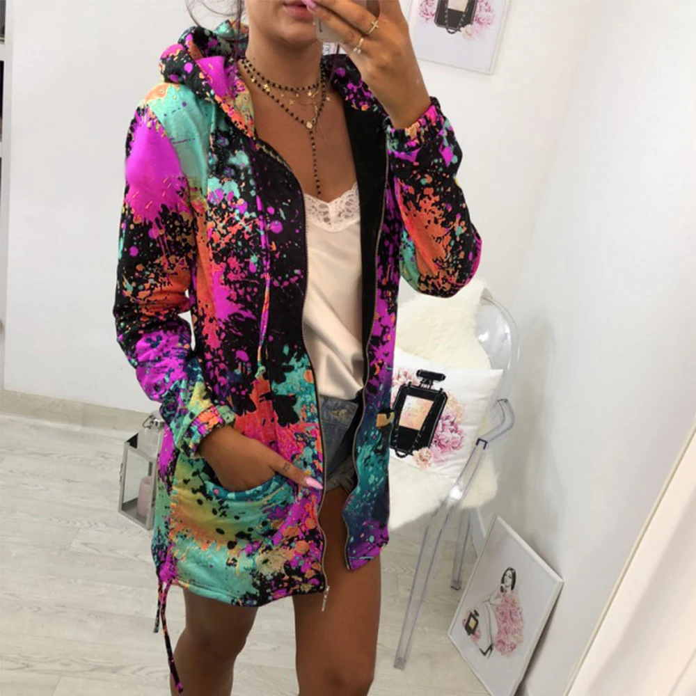 

Autumn Female Jacket Outwear Sweatshirt Hooded Jacket Casual Pockets Overcoat Womens Windbreaker Tie Dyeing Print Coat