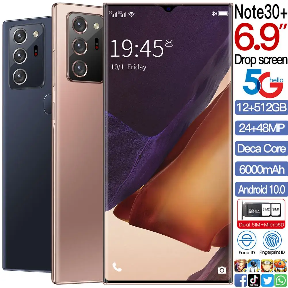 

Global Version 6.9" Galax Note30+ Mobile Phone Snapdragon 865 Android 10.0 12GB 512GB 6000mAh Fingerprint Unlock Smart Cellphone