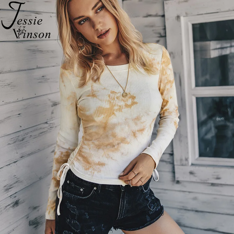 

Jessie Vinson Tie Dye Print Long Sleeve T Shirt Women Slim Fit Side Drawstring Knitted Ribbed T-shirt Chic Printed Tops Tee