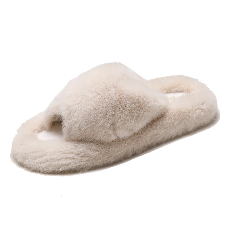 

Winter Women House Furry Slippers Fashion Faux Fur Warm Shoes Women Slip on Flats Female Home Slides Black Plush Slippers