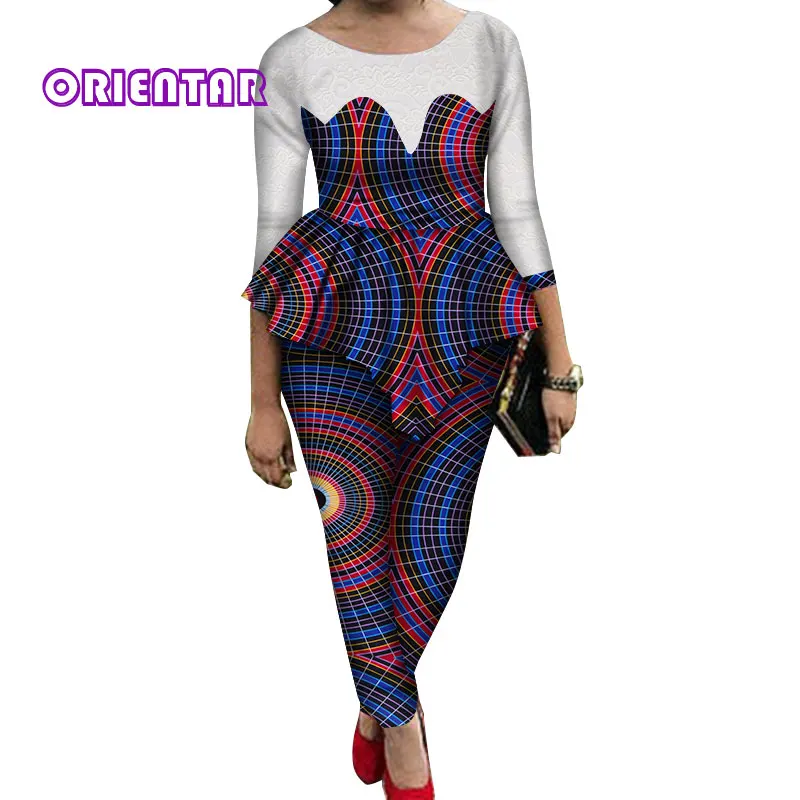 6 2 Pieces Sets Women African Pants Sets African Wax Print Long Sleeve Lace Tops and Pants Women Bazin Riche African Suits WY689 - Цвет: 6