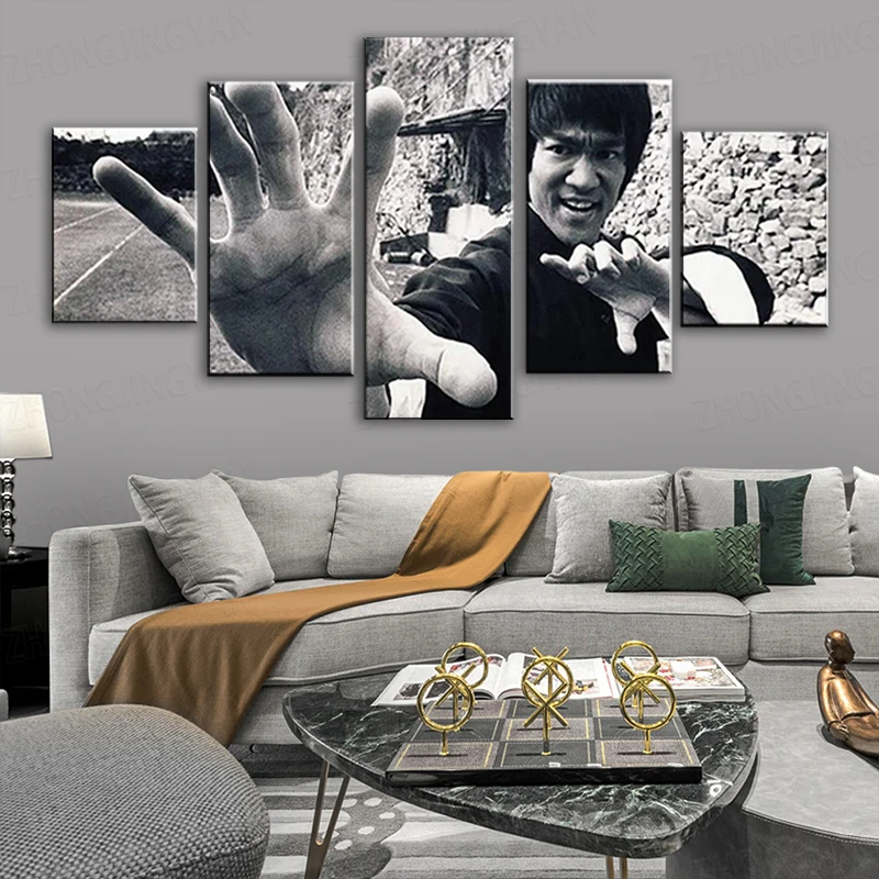 Холст HD Печатный Китайский кунг фу суперзвезда Брюс Ли фотографии 5 панелей