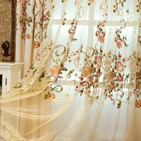 luxury europe beige chenille embroidered floral curtain for living room high grade peony flower voile tulle drapes for bedroom