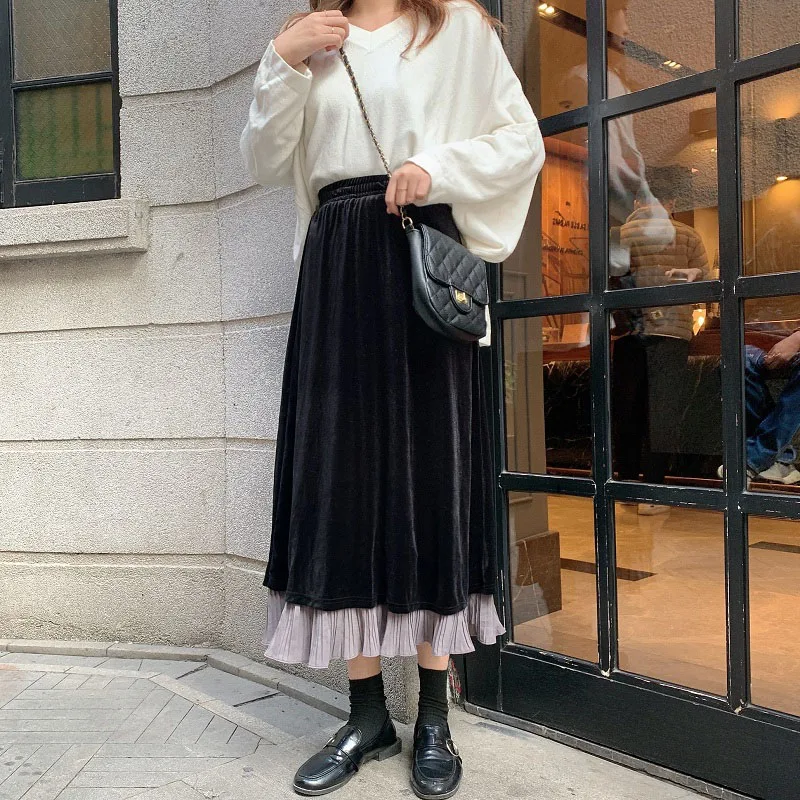 

Pleated Skirts Women Black Stitching High Waist Long Retro Velour Skirt Faldas Saias