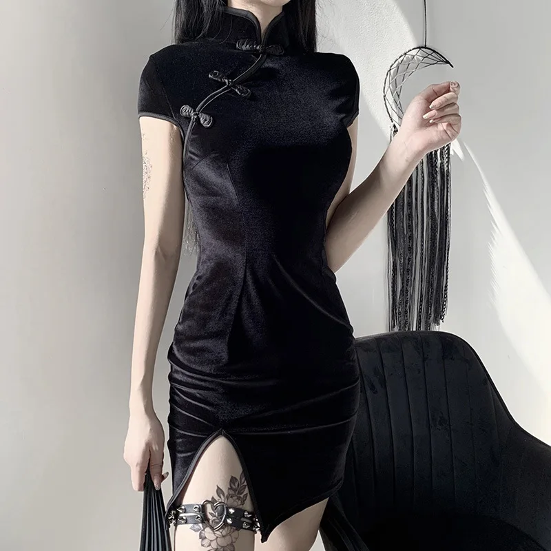Женское бархатное платье Ципао She style однотонное винтажное элегантное в