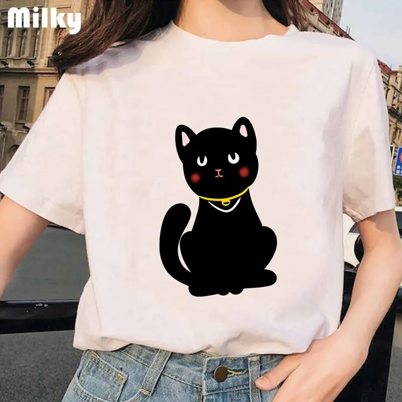 Harajuku Kawaii Cat Футболка забавная Женская летняя футболка с коротким рукавом