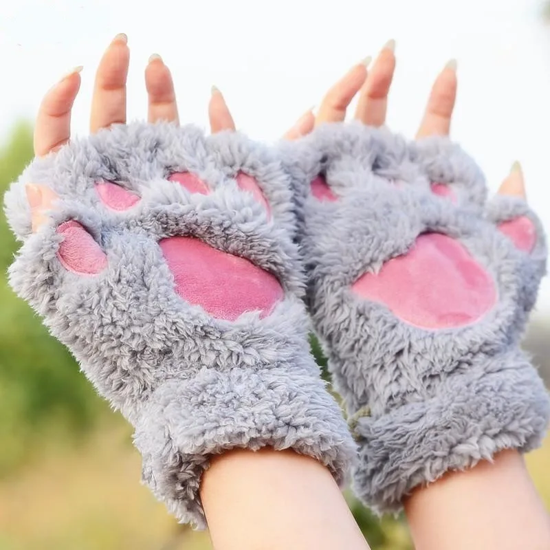 

Women Cute Cat Claw Paw Plush Mittens Warm Soft Plush Short Fingerless Fluffy Bear Cat Gloves Costume Half Finger Black Gray