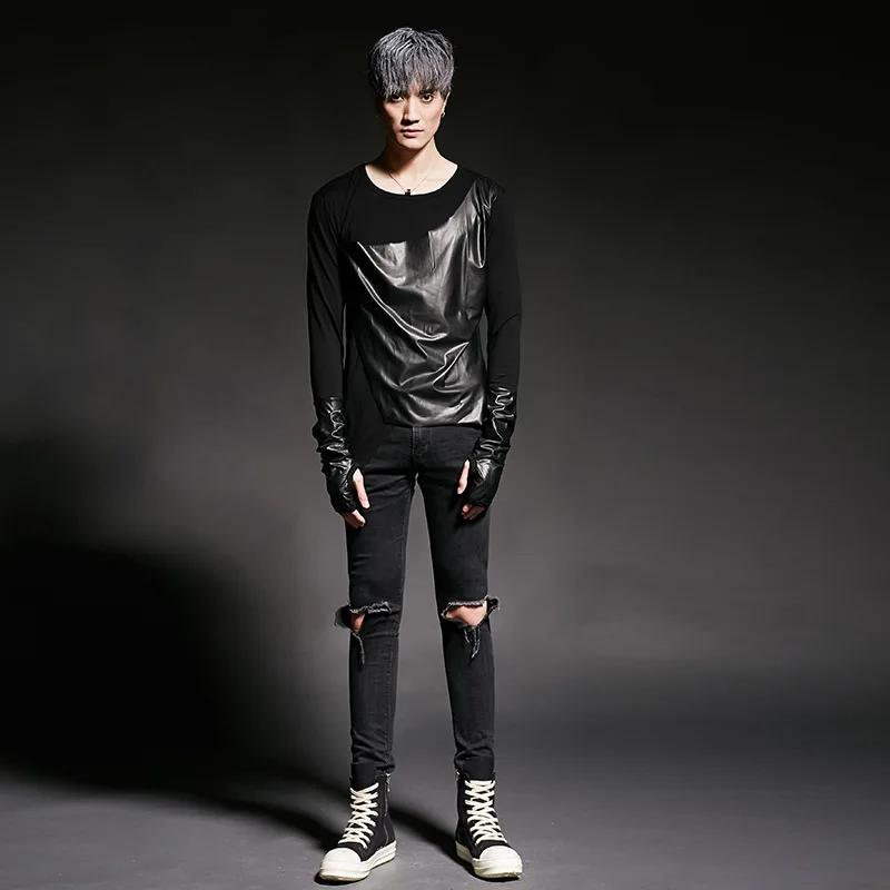 Мужская кожаная облегающая футболка с длинным рукавом в стиле панк готика одежда
