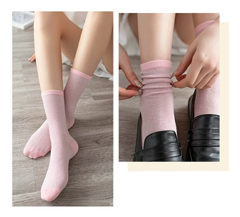 Fashion women's shiny solid color high quality combed cotton socks gold and silver thread soft and comfortable woman socks