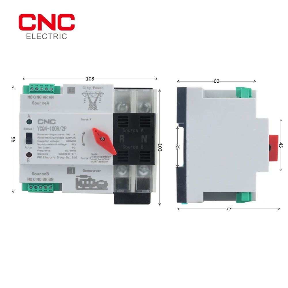 CNC YCQ4-100R 2P однофазный Din-рейка ATS 220V Двойной источник питания автоматический