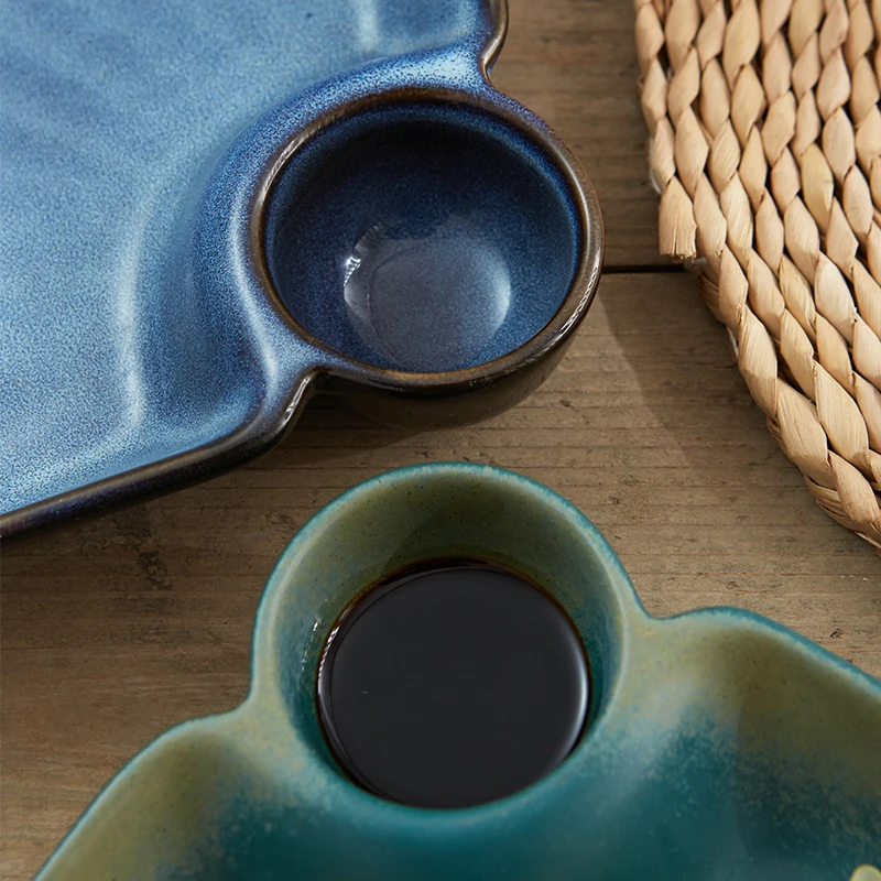 

1PC REIMHSYU Japanese Retro Hand-painted PatternCeramic Grid Plate With Sauce Sushi Dumpling Square Dinner Plate Dish Home