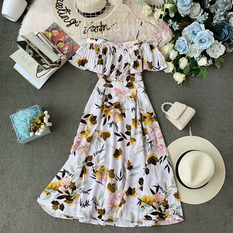 

Dazzle Ages Vintage Women Flower Print Spaghetti Strap High Waist Beach Dress A-Line Fashion Casual Off Shoulder Female Clothes