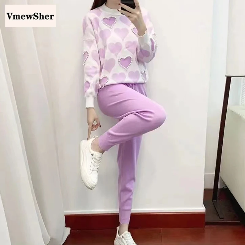 

VmewSher New Pearl Heart Sweater Set Women Tracksuit Spring Autumn Knitted Suits Casual 2 Piece Set O Neck Pullover Jogger Pants