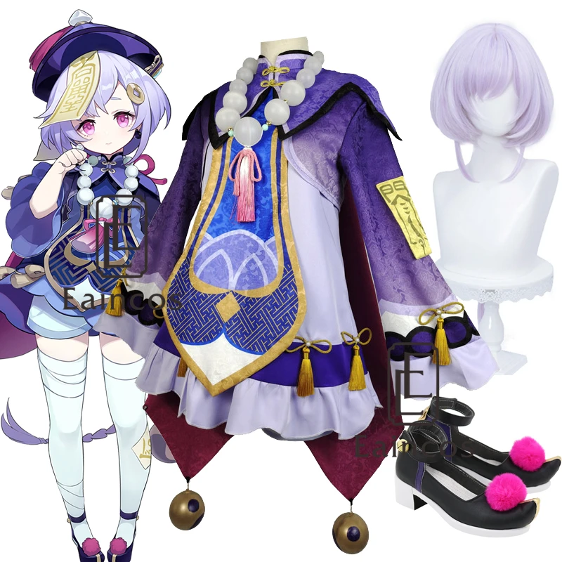 

Genshin Impact Qiqi Cosplay Costume Wigs Shoes Anime Suit Uniform Halloween Women High Quality Outfit Costumes In Stock