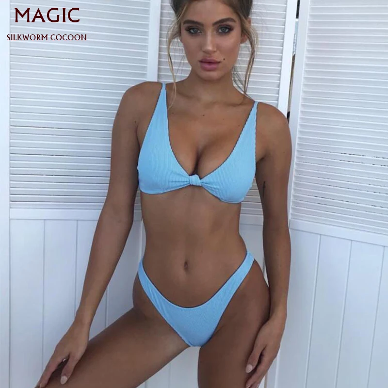 Женский однотонный комплект бикини с узлом на груди новый летний женский простой