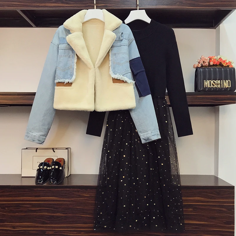 Зимний женский костюм бархатная Толстая джинсовая куртка топы и трикотажное