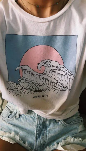 Белая футболка Tumblr 90s Is Ocean Wave милые летние топы Harajuku Японские футболки с графикой