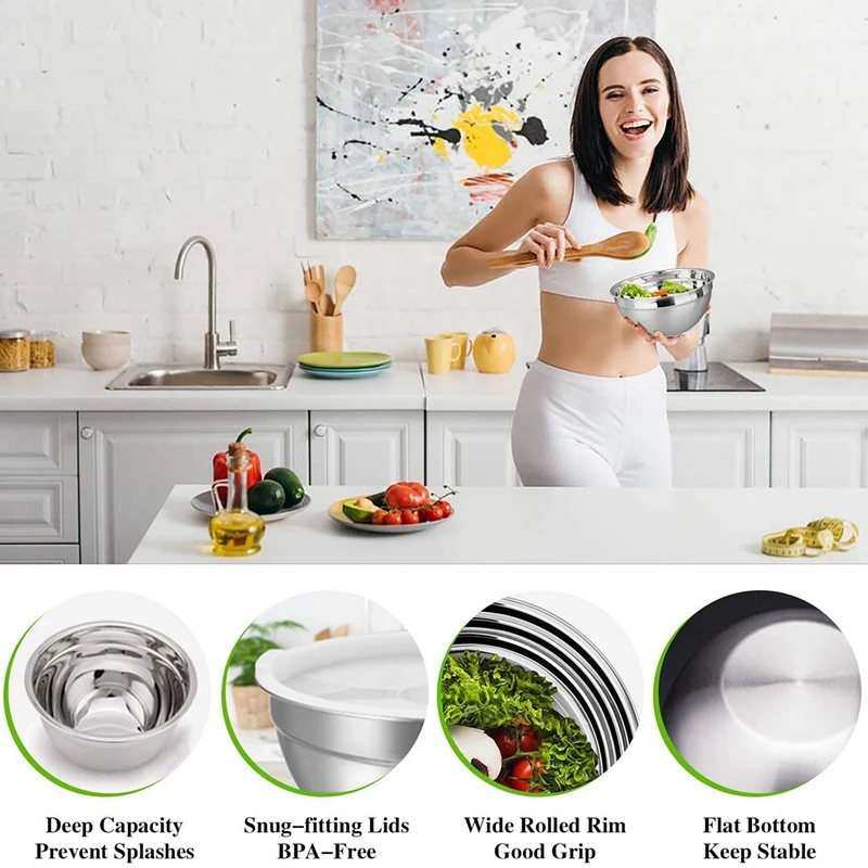 

5Pcs Mixing Salad Bowl with Lids Set, Stainless Steel Salad Bowl with Silicone Bottom Serving Prepping Food Storage