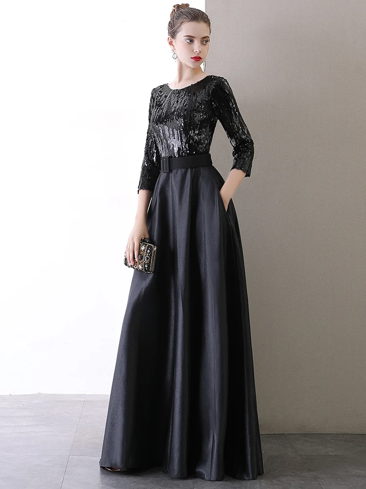 Женское длинное вечернее платье черное ТРАПЕЦИЕВИДНОЕ ПЛАТЬЕ с блестками для