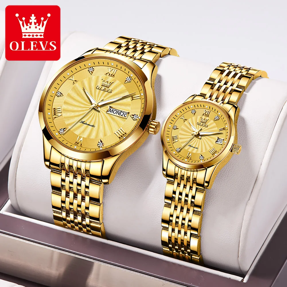 OLEVS Fashion Lovers Watches Brand Luxury Automatic Mechanical Watch For Men Women Stainless Steel Waterproof Couple Watch 6630