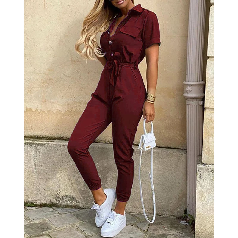 

Fashion Women Jumpsuit Solid Color Summer Casual Lapel Printed Belt Work Overalls Ladies New Hot Selling Button Long Jumpsuit