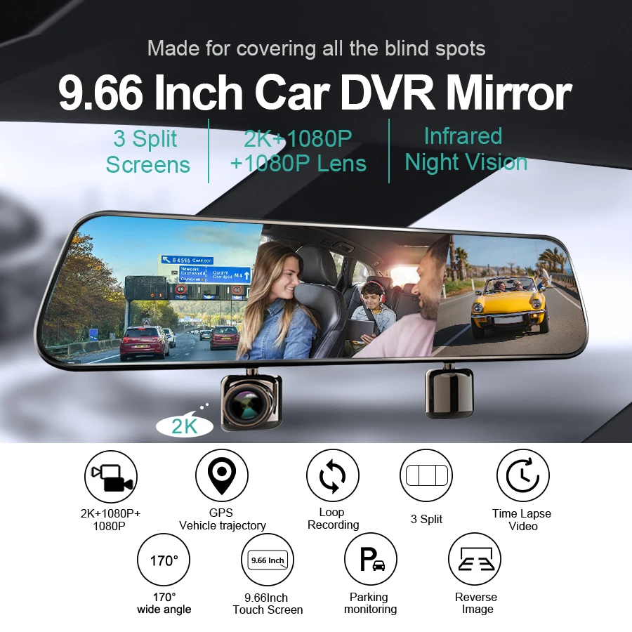 $88.26 Acceo 2K Dash camera 9.66 Inch Car Mirror DVR 1440P Video Recorder Support Rearview Camera Night Vision 24 Hours Parking Monitor