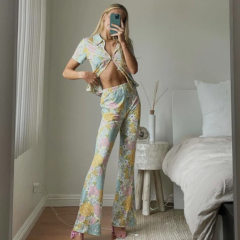 2021 Women Summer Trumpet Trousers Fashion Flower Printing High-waist Slim Fit Casual Pants for Daily Wear Beach Street | Женская одежда