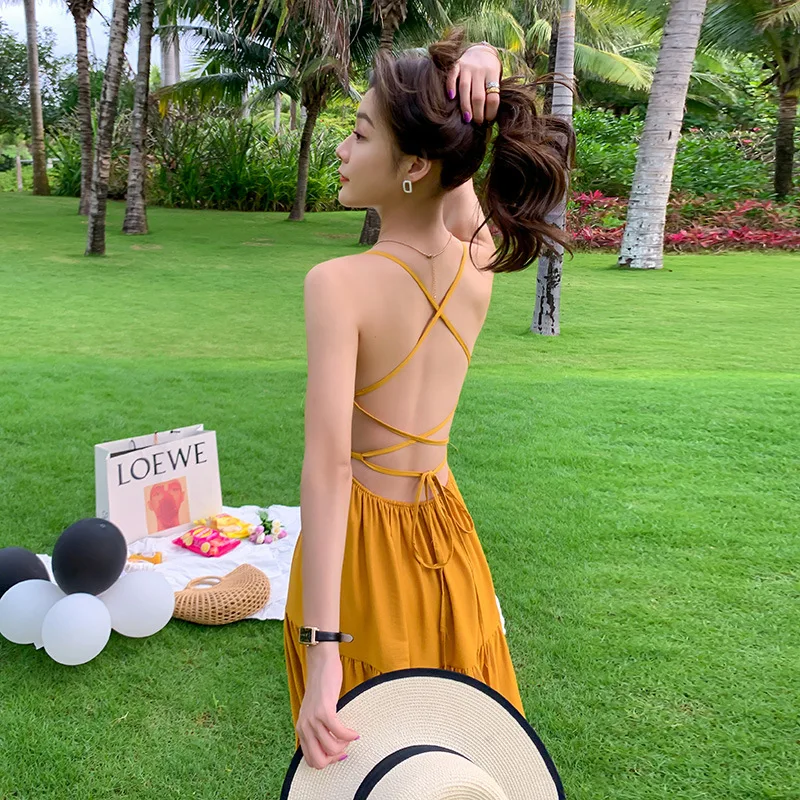 

Women's Summer Spaghetti Strap Backlees Midi Dress 2021 Holiday Beach Chiffon A Line Dress Sexy Casual Streetwear Sundress
