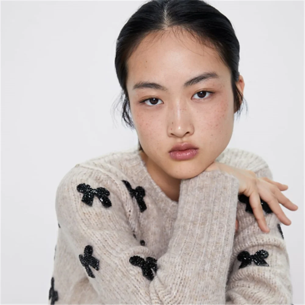 2019 ZA Women's Knit Sweater Fashion New Winter Bow Bohemian Long Sleeve Round Neck Party Gift | Женская одежда