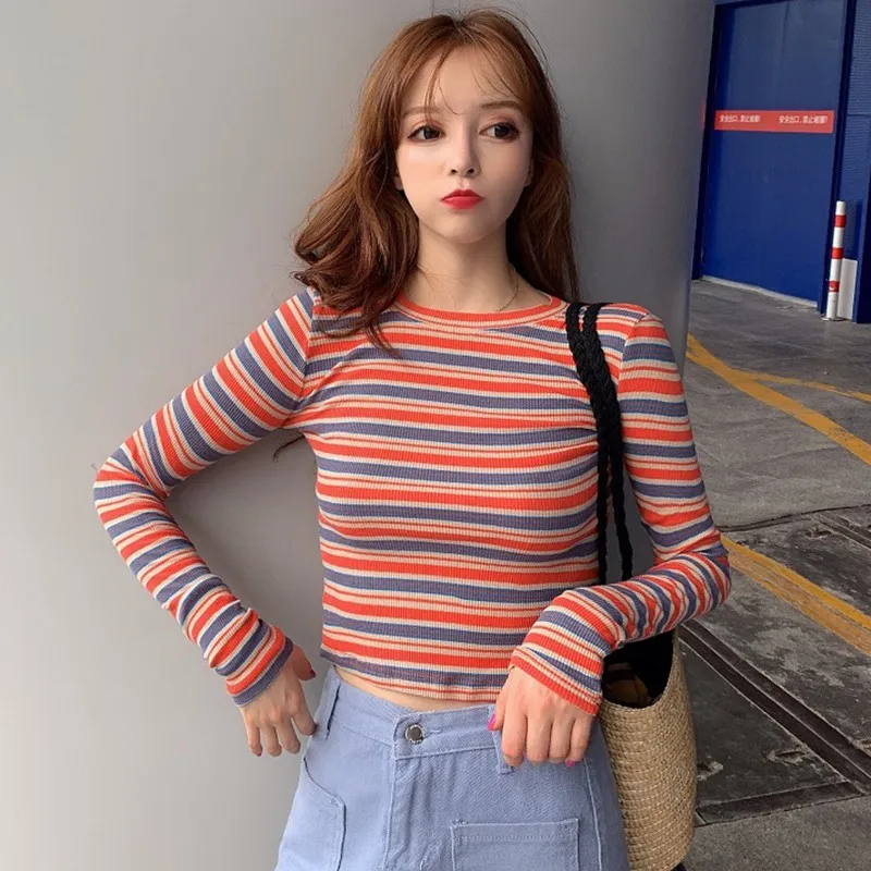 

Hot Women Autumn Winter Stripes Print Slim Long Sleeved Round Collar Slim Bottom Knit Sweater