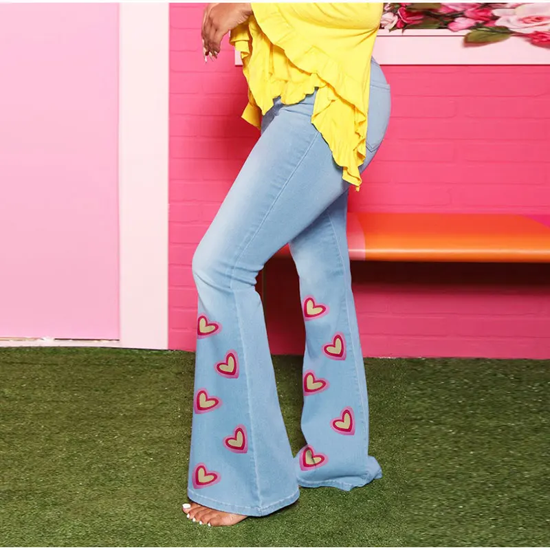 Женские широкие брюки Melody винтажные голубые расклешенные с принтом сердечек в