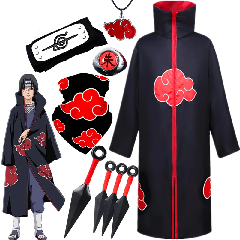 

Anime Akatsuki Member Cloak Cosplay Costume Party Halloween Costume Child Adult Headband Kunai Ring Hokage Ninja Accessories Set
